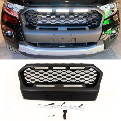 For Ford Ranger T6 Wildtrak 2019-2022 Front Main Grille Mesh Style Upgade With LED Lights Black - tradevehicleparts.co.uk
