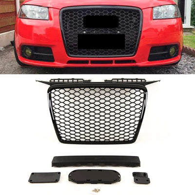 Fits Audi A3 2004-2008 Main Grille Gloss Black With Emblem Holder Rs Look - tradevehicleparts.co.uk