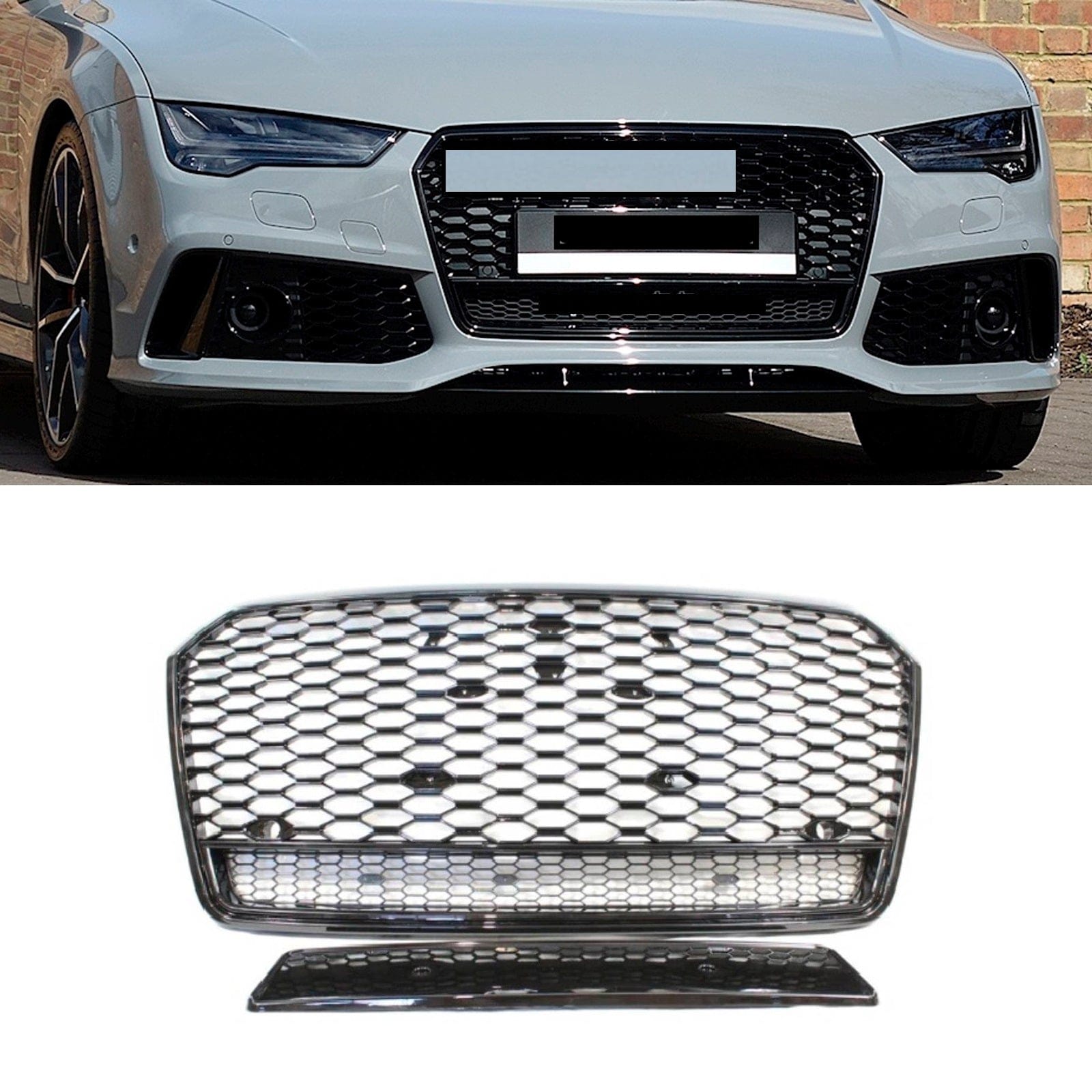 Fits Audi A7 S7 2016-2018 Front Bumper Grille Honeycomb RS7 Style Full Gloss Black Badgeless