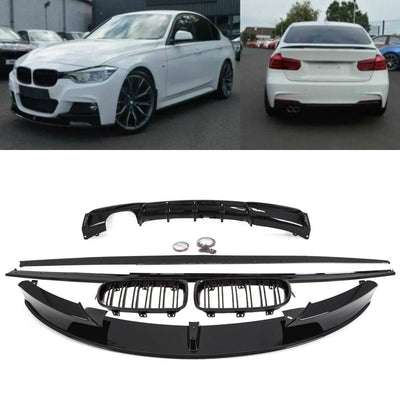 Fits BMW 3 Series F30 F31 M Performance Style Aero Kit Front Splitter Diffuser Side Skirts Gloss Black - tradevehicleparts.co.uk