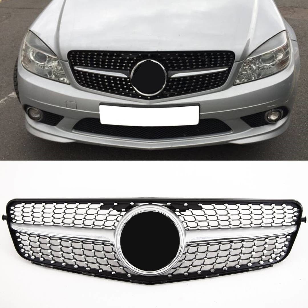 Fits Mercedes C-Class C204 W204 S204 2007-2014 Front Main Grille Gloss Black With Chrome Pins Diamond Style