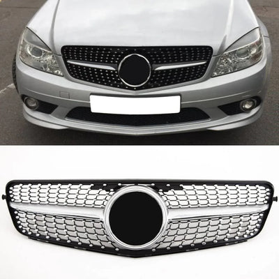 Fits Mercedes C-Class C204 W204 S204 2007-2014 Front Main Grille Gloss Black With Chrome Pins Diamond Style - tradevehicleparts.co.uk