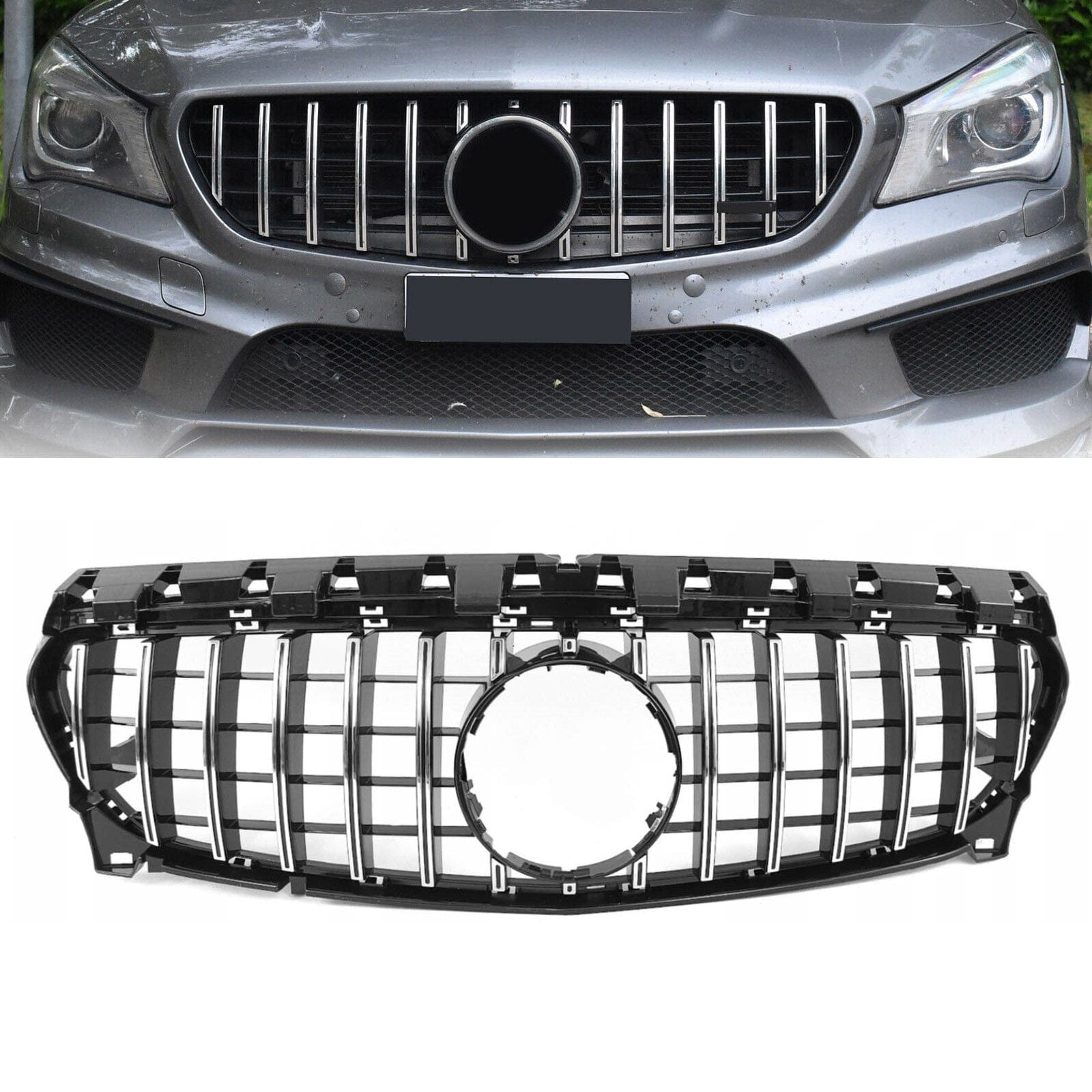 Fits Mercedes CLA Class W117 C117 2016-2019 Front Bumper Grille Panamericana GT Style Gloss Black With Silver Slats