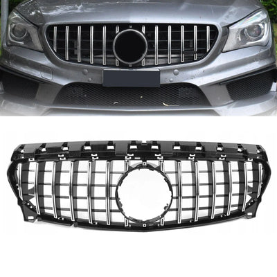 Fits Mercedes CLA Class W117 C117 2016-2019 Front Bumper Grille Panamericana GT Style Gloss Black With Silver Slats - tradevehicleparts.co.uk
