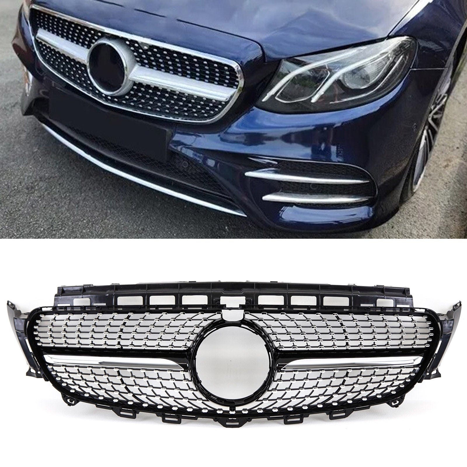 Fits Mercedes E Class W213 S213 C238 A238 2016-2020 Front Bumper Grille AMG Diamond Style Gloss Black With Chrome Trim & Pins
