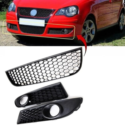 Fits VW Polo Gti 2005-2009 Front Bumper Lower Grille & Pair Fog Grilles Honeycomb - tradevehicleparts.co.uk