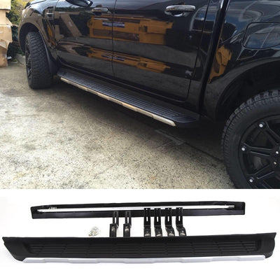Fits Ford Ranger T6 2011-On Running Boards Side Steps Black & Silver - tradevehicleparts.co.uk