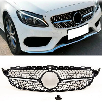 Fits Mercedes C Class W205 2014-2018 Front Bumper Grille Black & Chrome AMG Diamond Style - tradevehicleparts.co.uk