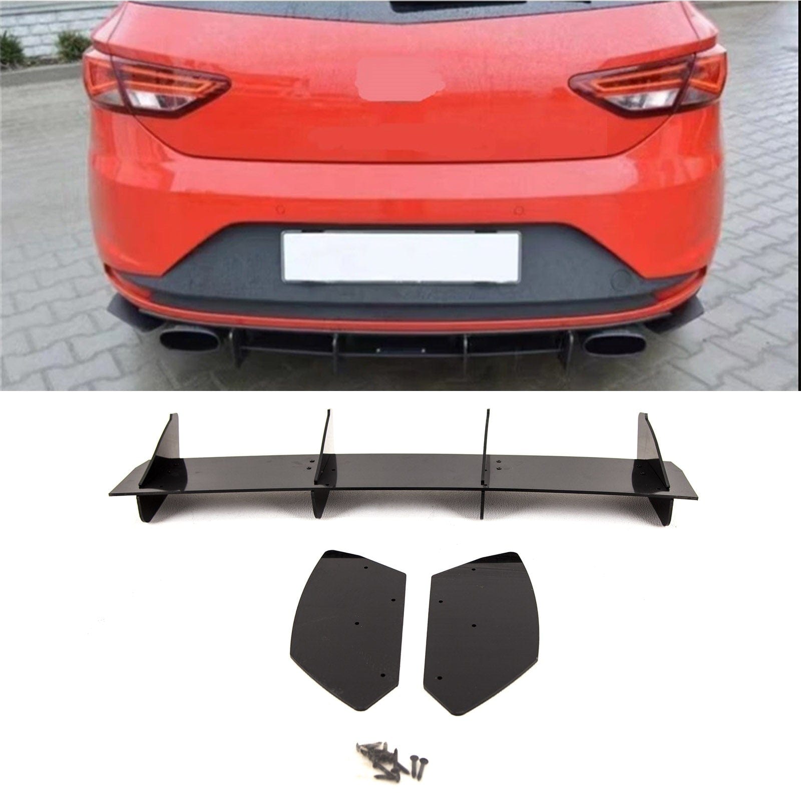 ST1157 Seat Leon Cupra MK3 5F 2013-2016 Rear Bumper Diffuser Spoiler & Rear Side Splitters Blade Style Gloss Black