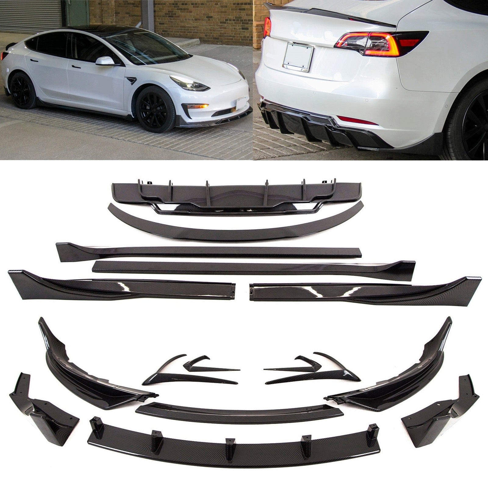 TS5001 Tesla Model 3 Aero Body Kit Front Splitter Rear Diffuser Spoiler Side Skirts Carbon Look