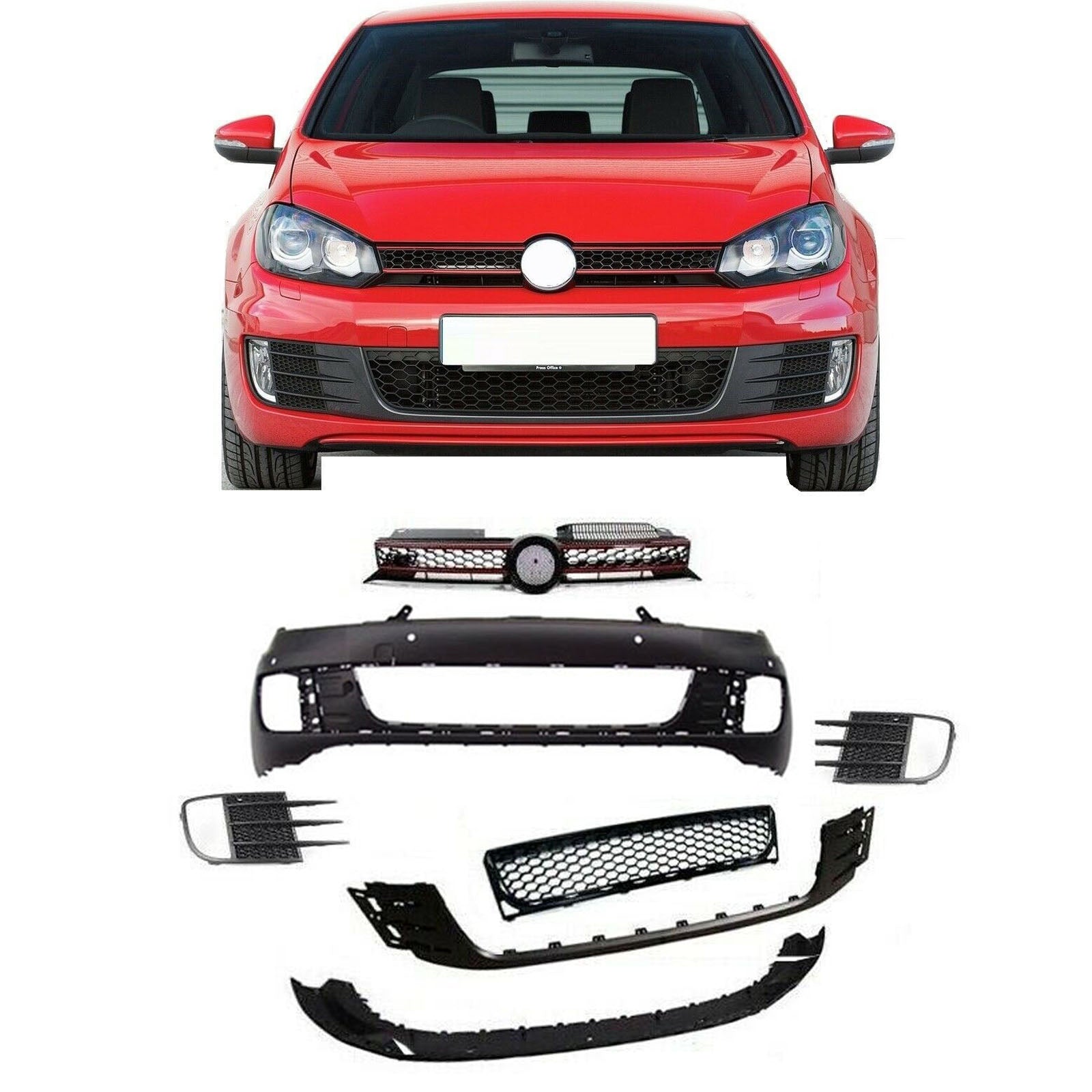 VW Golf Mk6 Gti 2009-2012 Front Bumper With Pdc Holes Primed Complete With All Grilles