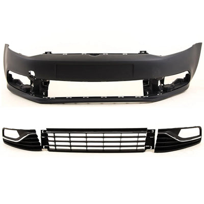 VW Polo 2014-2017 Front Bumper Complete Kit No PDC & Washer Holes Primed - tradevehicleparts.co.uk