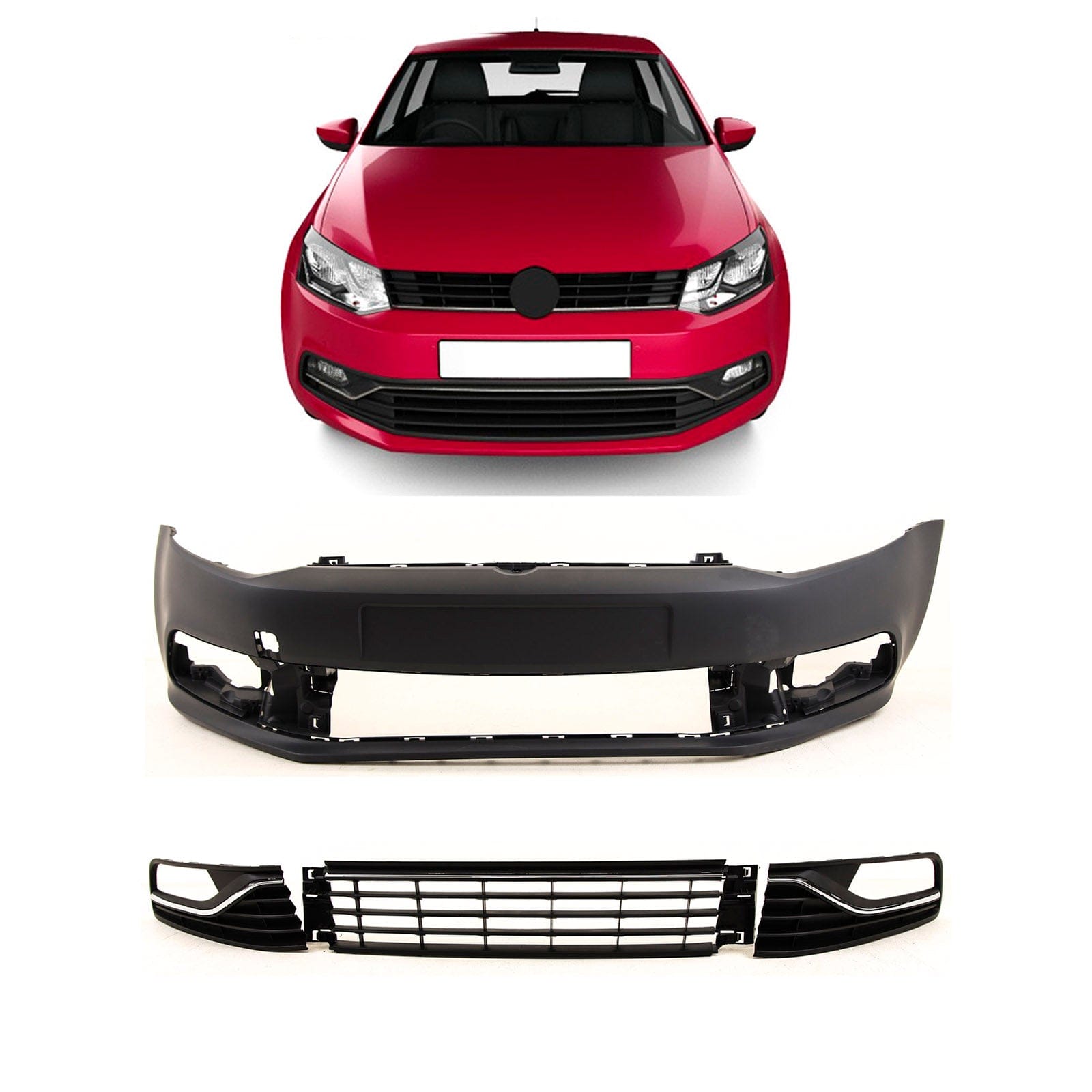 VK4238 VW Polo 2014-2017 Front Bumper Complete Kit No PDC & Washer Holes Primed