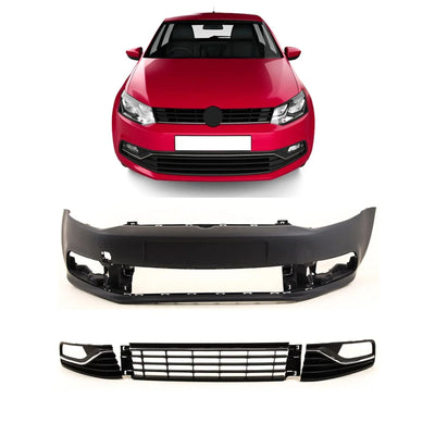VW Polo 2014-2017 Front Bumper Complete Kit No PDC & Washer Holes Primed - tradevehicleparts.co.uk