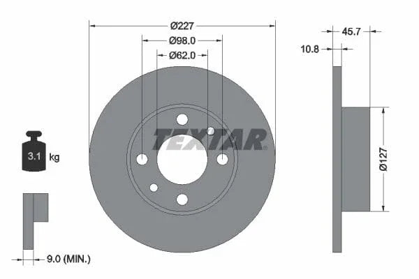 Textar Front Brake Disc Solid 92019300 227mm - image 3