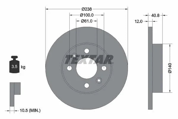 Textar Front Coated Brake Disc Pro Solid 92036103 238mm - image 3