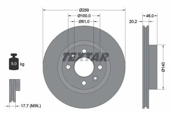 Textar Front Brake Disc Vented 92036400 259mm - image 3