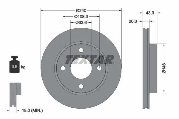 Textar Front Coated Brake Disc Pro Vented 92051003 240mm - image 3