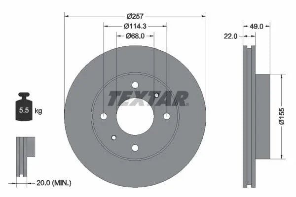 Textar Front Brake Disc Vented 92056300 257mm - image 3