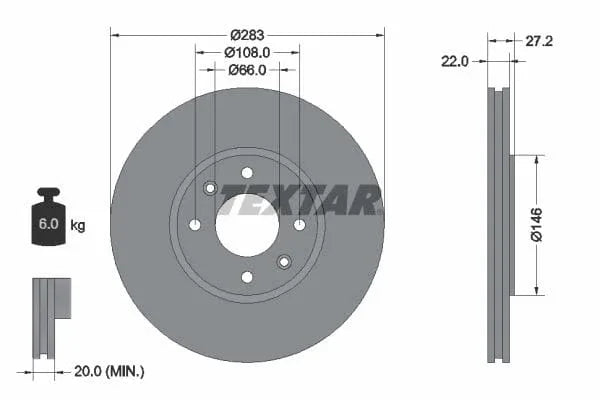 Textar Front Brake Disc Vented 92059600 283mm - image 3