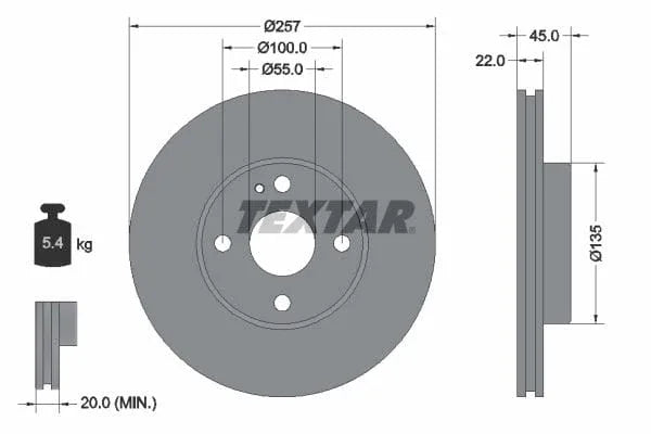 Textar Front Brake Disc Vented 92061600 257mm - image 3