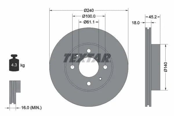 Textar Front Brake Disc Vented 92063200 240mm - image 3