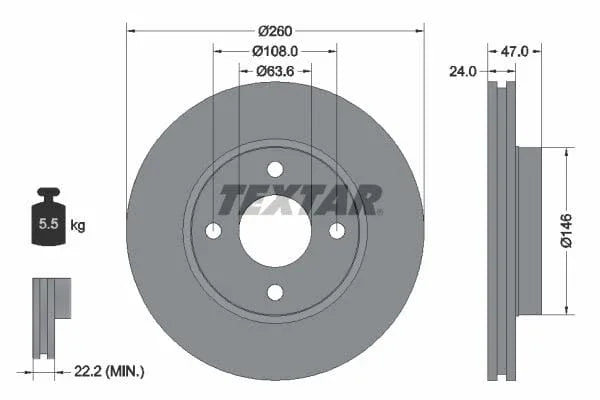 Textar Front Coated Brake Disc Pro Vented 92063503 260mm - image 3