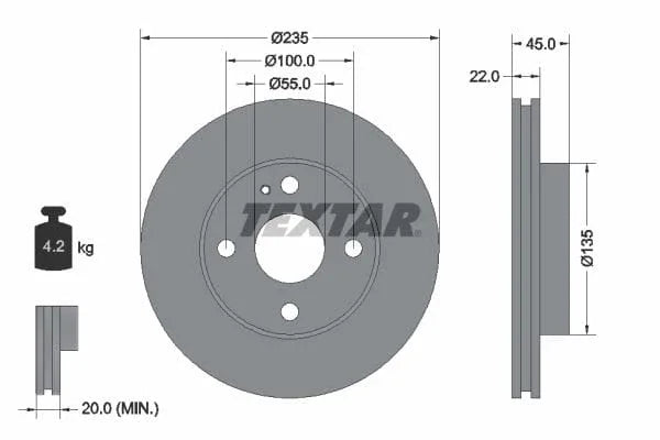 Textar Front Brake Disc Vented 92071500 235mm - image 3
