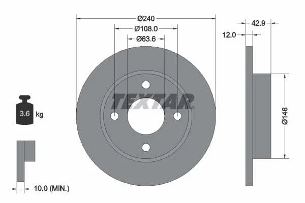 Textar Front Coated Brake Disc Pro Solid 92075303 240mm - image 3