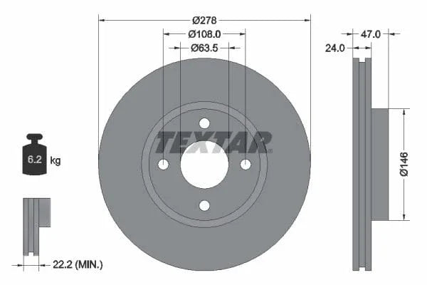 Textar Front Brake Disc Vented 92075400 278mm - image 3