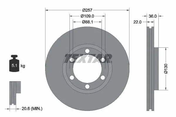 Textar Front Brake Disc Vented 92075800 257mm - image 3