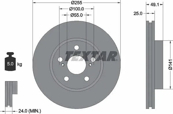 Textar Front Brake Disc Vented 92077400 255mm - image 4