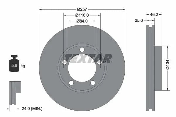 Textar Front Brake Disc Vented 92080300 257mm - image 3