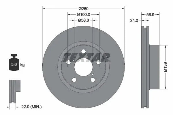 Textar Front Brake Disc Vented 92081900 260mm - image 3