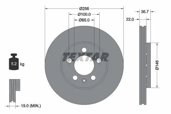 Textar Front Coated High-Carbon Brake Disc Pro+ Vented 92082205 256mm - image 3