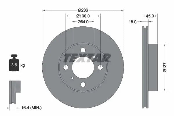 Textar Front Brake Disc Vented 92089400 236mm - image 3