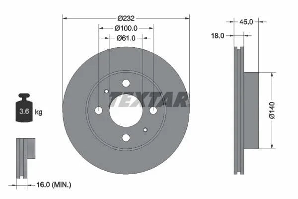Textar Front Brake Disc Vented 92090900 232mm - image 3