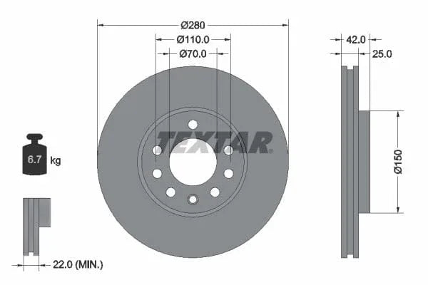 Textar Front Coated Brake Disc Pro Vented 92091903 280mm - image 3