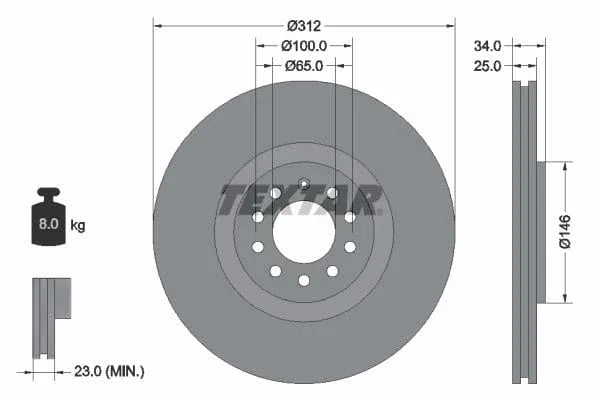 Textar Front Coated High-Carbon Brake Disc Pro+ Vented 92098505 312mm - image 3
