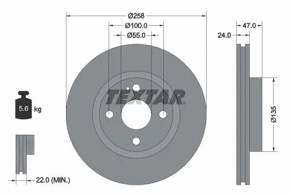 Textar Front Brake Disc Vented 92103100 258mm - image 3
