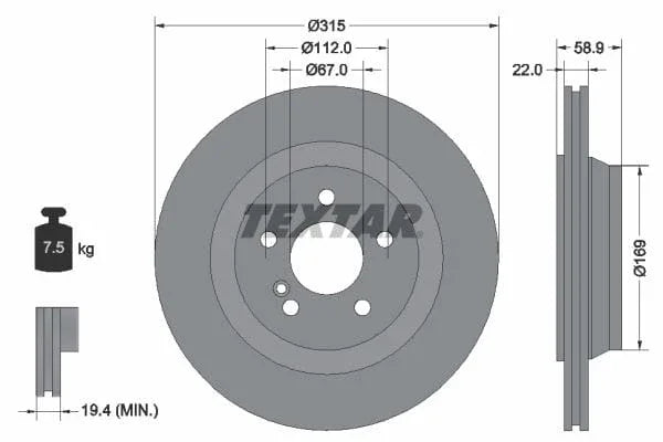Textar Rear Brake Disc Vented 92109000 315mm - image 3