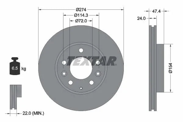 Textar Front Brake Disc Vented 92110400 274mm - image 3