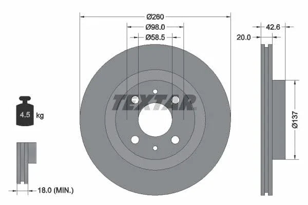 Textar Front Brake Disc Vented 92112100 260mm - image 3