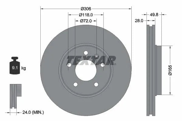 Textar Front Coated High-Carbon Brake Disc Pro+ Vented 92116005 306mm - image 3