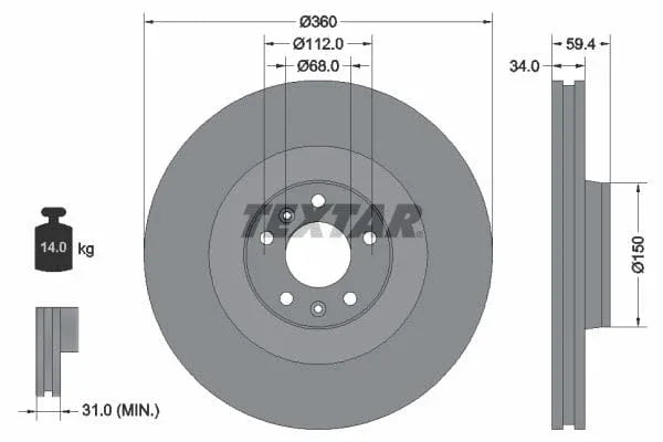 Textar Front Coated Brake Disc Pro Vented 92122203 360mm - image 3
