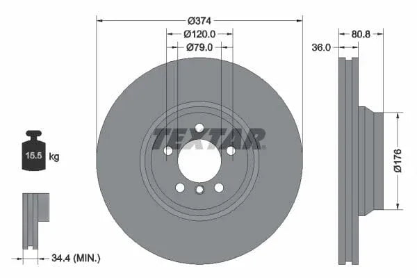 Textar Front Coated Brake Disc Pro Vented 92123003 374mm - image 3