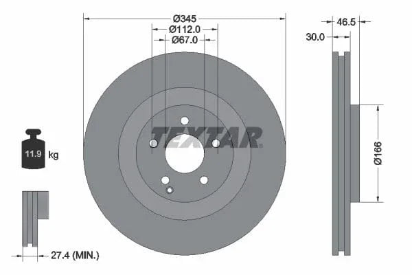 Textar Front Coated Brake Disc Pro Vented 92123603 345mm - image 3
