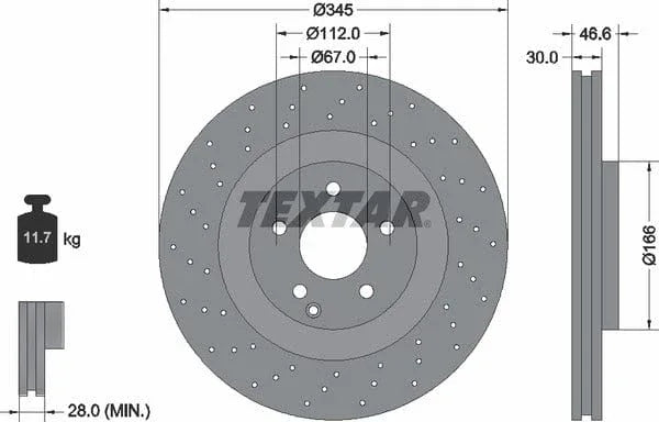 Textar Front Coated Brake Disc Pro Perforated Vented 92123703 345mm - image 4