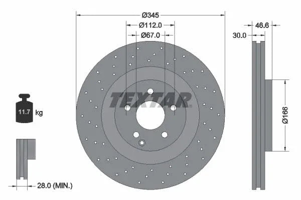 Textar Front Coated Brake Disc Pro Perforated Vented 92123703 345mm - image 3