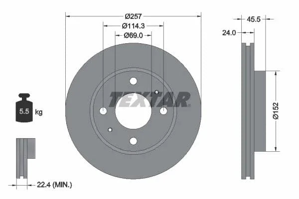 Textar Front Brake Disc Vented 92130800 257mm - image 3